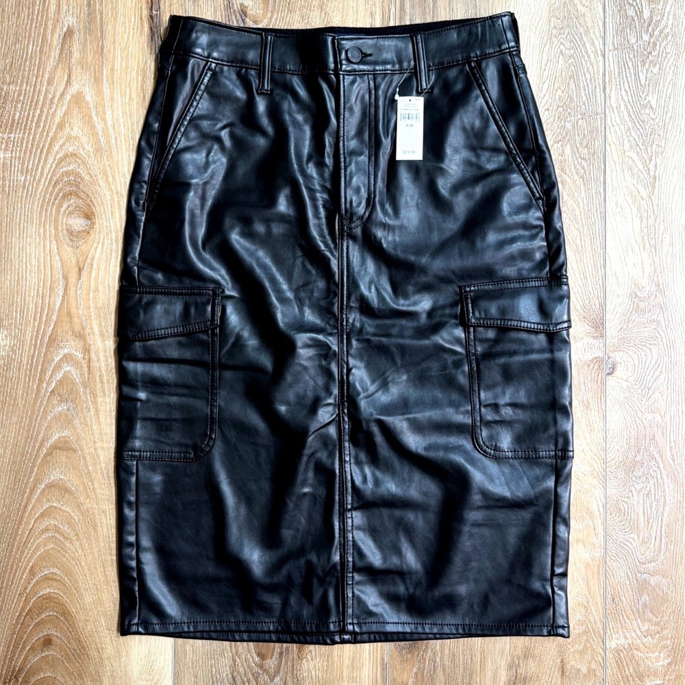 Gap Vegan Leather Cargo Midi Skirt Black 6 Biker Moto Punk Cyber Utility Goth